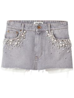 grey cotton denim concealed fly and button fastening light wash low-rise belt loops rivet detailing rhinestone embellishment raw-cut hem unlined thigh-length Miu Miu Cotton Bottoms For Summer, Summer Cotton Bottoms By Miu Miu, Miu Miu Cotton Bottoms For Spring, Miu Miu Short Length Bottoms, Miu Miu Mini Skirt For Spring, Miu Miu Spring Mini Skirt, Chic Miu Miu Mini Skirt, Chic Miu Miu Bottoms For Spring, Chic Spring Bottoms By Miu Miu