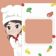 a woman in chef's outfit holding up a board with vegetables and meats on it