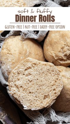 gluten - free soft and fluffy dinner rolls with text overlay