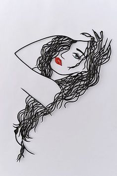 a drawing of a woman's head with long hair and red lipstick on her face