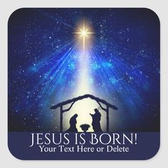 a nativity scene with the birth of jesus square sticker on a white background