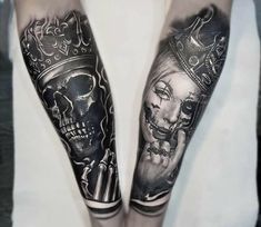 two black and white tattoos on both arms