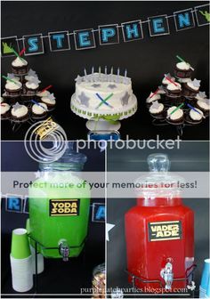 star wars themed birthday party with cupcakes, cake and water dispenser