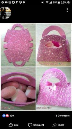 some pictures of pink bags with glitter on them