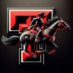 a man riding on the back of a horse next to a red and black letter