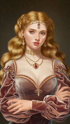 a painting of a woman with long blonde hair wearing a tiara and holding her hands on her chest