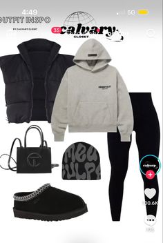 Outfits W Tasman Uggs, Outfit Ideas Essentials Hoodie, Telfer Bag Outfits, Outfit Ideas With Black Hoodie, Essentials Sweater Outfit, What To Wear When It’s Cold, Essential Hoodie Outfits For Women, Cold Outfits Black Women, Dope Swag Outfits Winter