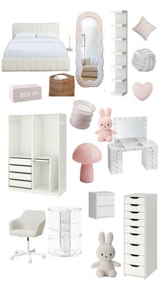 a collage of white furniture and accessories including a bed, dresser, mirror, chair, desk, lamp, stuffed animal, bookshelf