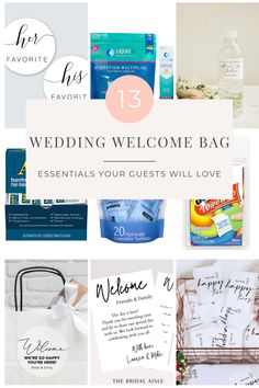 wedding welcome bags with the words,'13 essentials your guests will love '