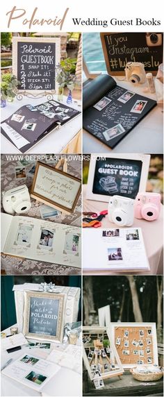 wedding guest books are displayed on a table