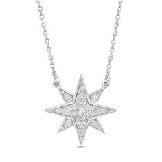 Sparkling with stellar style, this diamond necklace makes any day special. Crafted in sterling silver, this enchanting choice dazzles with a diamond-encrusted starburst. Radiant with 1/8 ct. t.w. of diamonds and a bright polished shine, this design suspends centered along an 18.0-inch cable chain that secures with a spring-ring clasp. Starburst Necklace, White Metal, Diamond Stone, Diamond Clarity, Necklace Designs, Spring Rings, Cable Chain, Precious Metals, Colored Diamonds