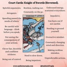 The Knight of Swords, in a reversed position from the suit of swords in the tarot deck and its meanings, including the astrology and numerology meanings. 

#KnightofSwords #SuitofSwords #TarotCardMeanings #Tarot Knight Of Swords Reversed, Suit Of Swords, Swords Tarot Meaning, Knight Of Swords, Swords Tarot