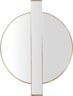 a white and gold circular mirror with two lines at the bottom, on a white background