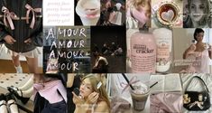 a collage of photos with pink and black accessories