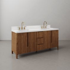 two sinks are shown in front of a white wall and grey floor with wood accents