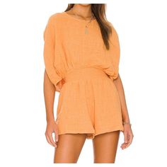 Nwt Free People Pietro Romper Size: Xs Color: Suntan (Orange) Flaws: None To Note Features: Draped Open Back With Adjustable Tie, Elastic Waistband, Pull On; Lightweight Additional Measurements Or Photos Upon Request. Smoke-Free Home, Fast Shipper! Spring Orange Linen Top, Orange Linen Top For Summer, Orange Short Summer Tops, Casual Short Top For Brunch, Orange Bottoms For Summer Brunch, Orange Bottoms For Spring Brunch, Spring Brunch Orange Bottoms, Jumper Denim, Lace Playsuit