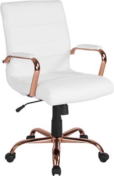 a white office chair with gold accents on the armrests and seat, against a white background