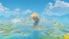 an image of a video game scene with yellow flowers in the foreground and blue sky above