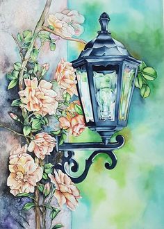 a painting of a lamp post with flowers on it