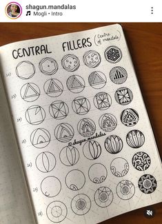 an open notebook with several circular designs on it and the words central filters written in cursive writing