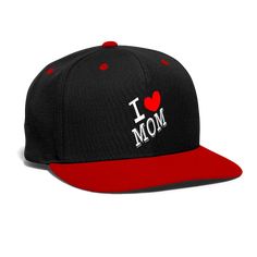 BIZARREFASHIONS | I LOVE MOM - Snap-back Baseball Cap Customizable Black Snapback Baseball Cap, Sporty Moisture-wicking Snapback Baseball Cap, Red Snapback Baseball Cap, Red Snapback Baseball Cap For Fan Merchandise, Snapback Baseball Cap For Beach, One Size