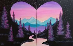 two paintings with trees and mountains in the background, one has a heart shaped painting on it