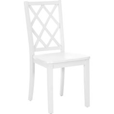 a white wooden chair with lattice design on the back and seat, against a white background