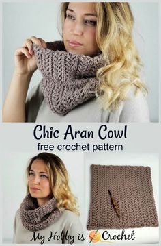 the crochet cowl pattern is shown in three different colors, including brown and beige