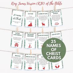 the 25 names of christ cards are hanging on clothes pins