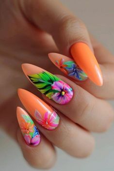 Nail Inspo Elegant, Nail Designs Beach, Beach Summer Nails, Beach Vacation Ideas, Beach Nails Art, Bright Orange Nails, Neon Orange Nails