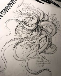 a pencil drawing of an octopus with flowers on it's head and tentacles around its neck