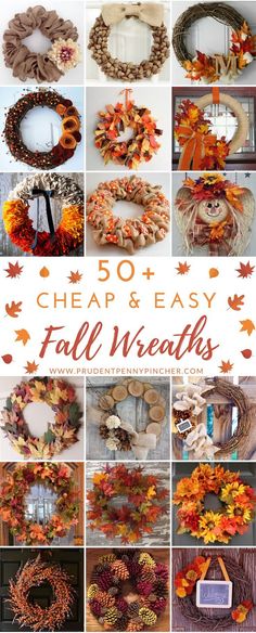 fall wreaths with the words 50 cheap and easy fall wreaths