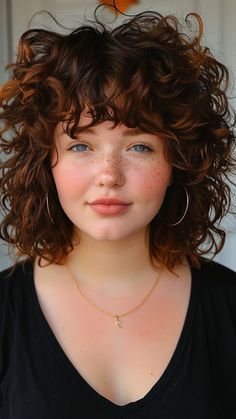 24 Curly Hairstyles to Frame Round Faces Curly Round Face Haircut, Curly Shag With Bangs Round Faces, Short Curly Cuts For Round Faces, Short Curly Shag Hairstyles, Curly Lob Haircut Naturally, Plus Size Curly Hair, Shaggy Curly Hair Medium, Short Curly Haircuts For Round Faces