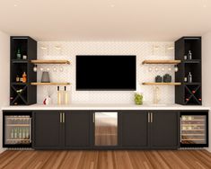 an entertainment center with cabinets and a flat screen tv mounted on it's wall