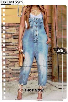 Light Blue Street Solid Patchwork Buckle Square Collar Straight Jumpsuits Blue Overalls With Button Closure, Spring Blue Overalls With Button Closure, Blue High-waist Jumpsuits And Rompers With Button Closure, Denim Attire, Denim Inspiration, Jumpsuits And Romper, Jumpsuit Fashion, Denim Fashion, Jumpsuit Romper