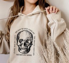 Dark Academia Skeleton Hoodie Aesthetic Clothing - Memento Mori Skull Crewneck Hooded Sweatshirt - Long Sleeve Literature Shirt Skeleton Hoodie Aesthetic, Memento Mori Aesthetic, Dark Academia Skeleton, Mori Aesthetic, Memento Mori Skull, Literature Shirt, Literary Shirts, Cottagecore Sweater, Skeleton Hoodie