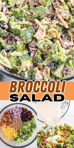 broccoli salad in a bowl with dressing being drizzled over it