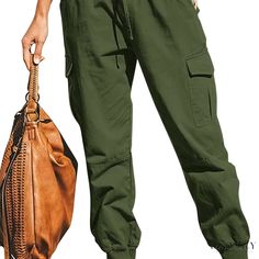 Lasaky - High-Waisted Elastic Pocket Pants for Women - Versatile and Comfortable Everyday Wear Casual High Waist Khaki Harem Pants, Casual High-waist Solid Color Cargo Pants, Casual High-waist Cargo Pants, Casual High Waist Solid Color Cargo Pants, Casual Non-stretch Ankle-length Cargo Pants, Casual Non-stretch Cargo Pants With Elastic Waistband, Casual Green Mid-rise Pants, Casual High-waisted Green Harem Pants, Casual Green Harem Pants With Pockets