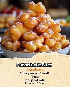 funnel cake bites recipe in a bowl with ingredients list on the bottom and description below