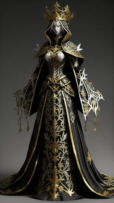 a woman dressed in a black and gold costume, ornate gothic armor, from lineage 2, dark ornate royal robes, diablo 4 queen, picture of female paladin, character design : : gothic, beautiful dark elf countess, elven armor, detailed gothic cloak, ((a beautiful fantasy empress)), dark fantasy character design, ornate armor covered in thorns Medieval Dress Queen Gowns, Fantasy Armour Dresses, Queen Armor Dress, Royal Dresses Queens Gowns, Emperor Clothes, Fantasy Armor Dress, Medieval Dress Queen, Paladin Character Design, Female Armor Dress