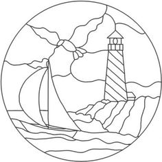 a drawing of a lighthouse and sailboat in the ocean