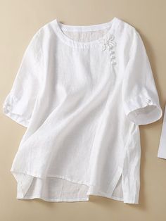 Cotton Button Artistic Retro Loose Shirt Split Blouse, Collared Shirt Dress, Loose Shirt, Short Sleeve Tunic, Embroidered Shorts, Loose Shirts, Elegant Shirt, Blouse Online, Solid Tops