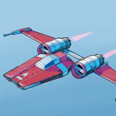 a red and blue star wars vehicle flying through the sky