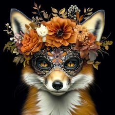 a fox wearing a mask with flowers on it's head and an orange flower crown