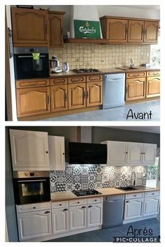 before and after pictures of a kitchen remodel in the same color as the cabinets