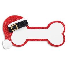 a dog bone with a santa hat on it's head is shown in red glitter