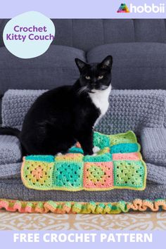 a black and white cat is sitting on a crochet blanket with the text free crochet pattern