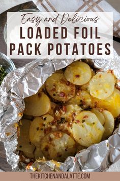 Potato slices in a foil pack with melted cheese, bacon pieces, garlic, chives and a few other spices on them after grilling and ready to serve. Hobo Potatoes On Grill, Veggie Foil Packets For The Grill, Potato Packets On The Grill, Potato’s On The Grill, Potato Foil Packets Oven, Potato Foil Packets For The Grill, Potatoes On The Grill In Foil, Barbecue Potatoes, Foil Pack Potatoes