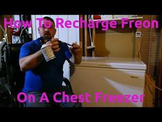 a man sitting in a chair holding a cup with the words how to recharge from on a chest freezer