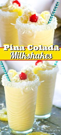 three glasses filled with pineapple milkshakes on top of a table